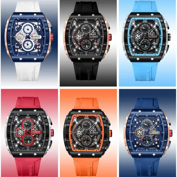 Montres de sport rectangulaires uniques CURREN 8442 pour hommes, grand cadran, bracelet en silicone, date automatique, décontractées – Image 2