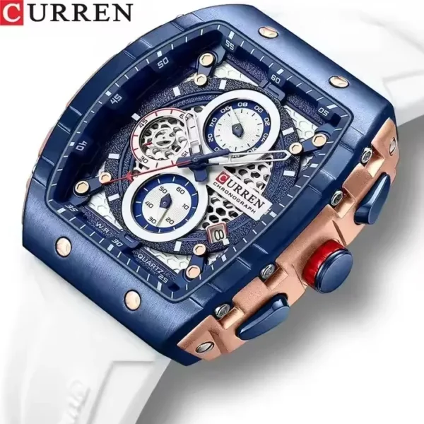 Montres de sport rectangulaires uniques CURREN 8442 pour hommes, grand cadran, bracelet en silicone, date automatique, décontractées – Image 5