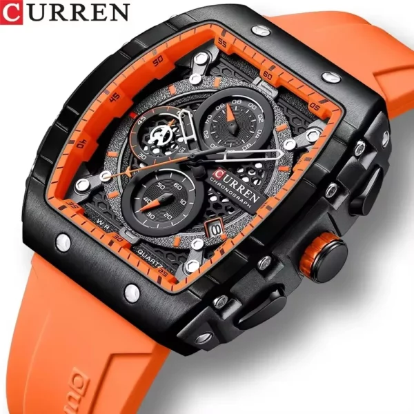 Montres de sport rectangulaires uniques CURREN 8442 pour hommes, grand cadran, bracelet en silicone, date automatique, décontractées