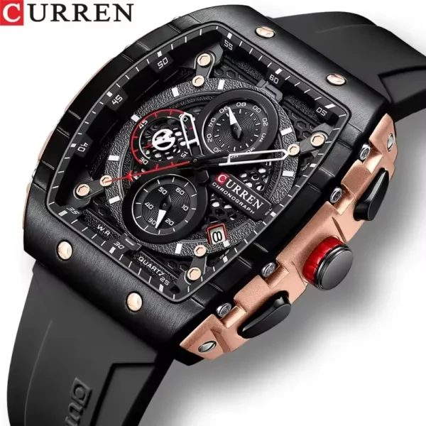 Montres de sport rectangulaires uniques CURREN 8442 pour hommes, grand cadran, bracelet en silicone, date automatique, décontractées – Image 4