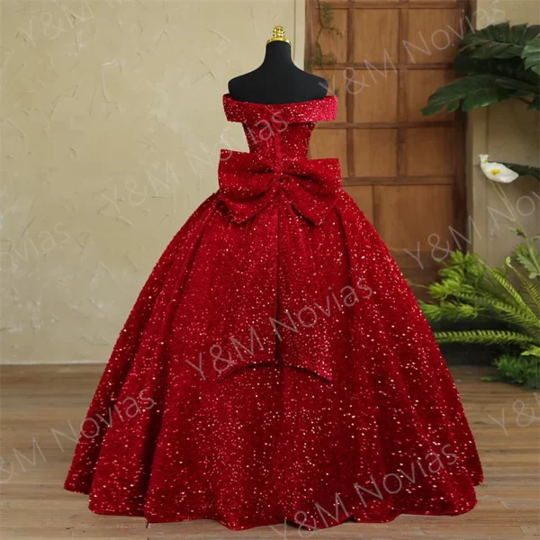 Y & M Novias personnalisé grande taille luxe paillettes nœud épaules dénudées rouge foncé Quinceanera robes 15 robe De bal pour fête Vestido De Noiva – Image 2