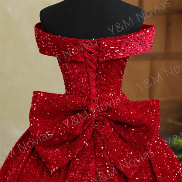 Y & M Novias personnalisé grande taille luxe paillettes nœud épaules dénudées rouge foncé Quinceanera robes 15 robe De bal pour fête Vestido De Noiva – Image 4