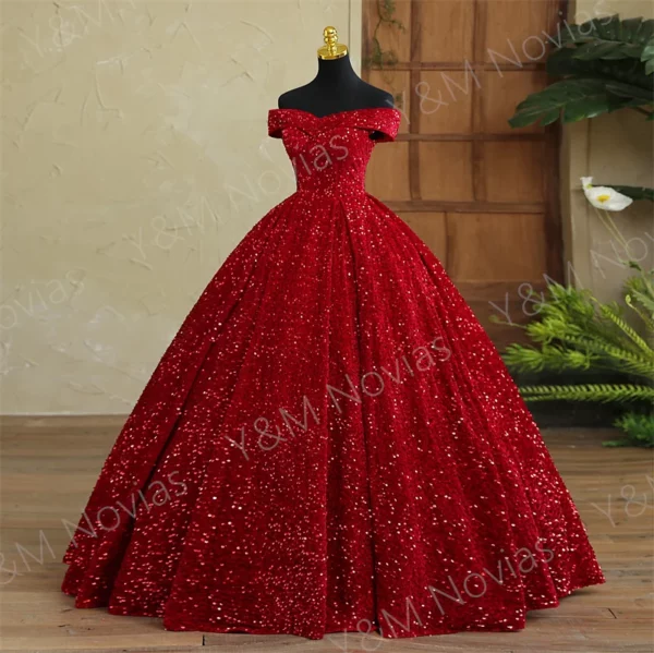 Y & M Novias personnalisé grande taille luxe paillettes nœud épaules dénudées rouge foncé Quinceanera robes 15 robe De bal pour fête Vestido De Noiva – Image 5